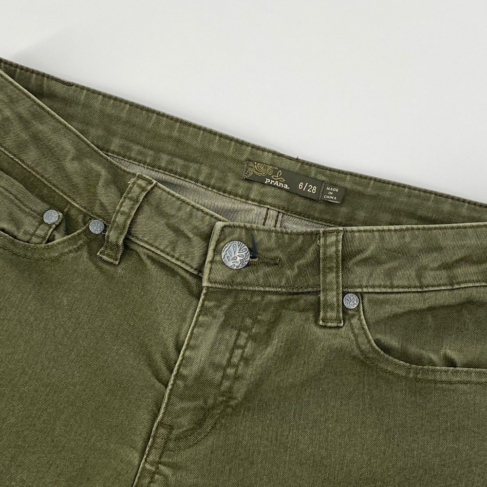 Prana KARA Jeans Womens 6/28 Olive Green Low Rise Stretch Narrow Leg Outdoor